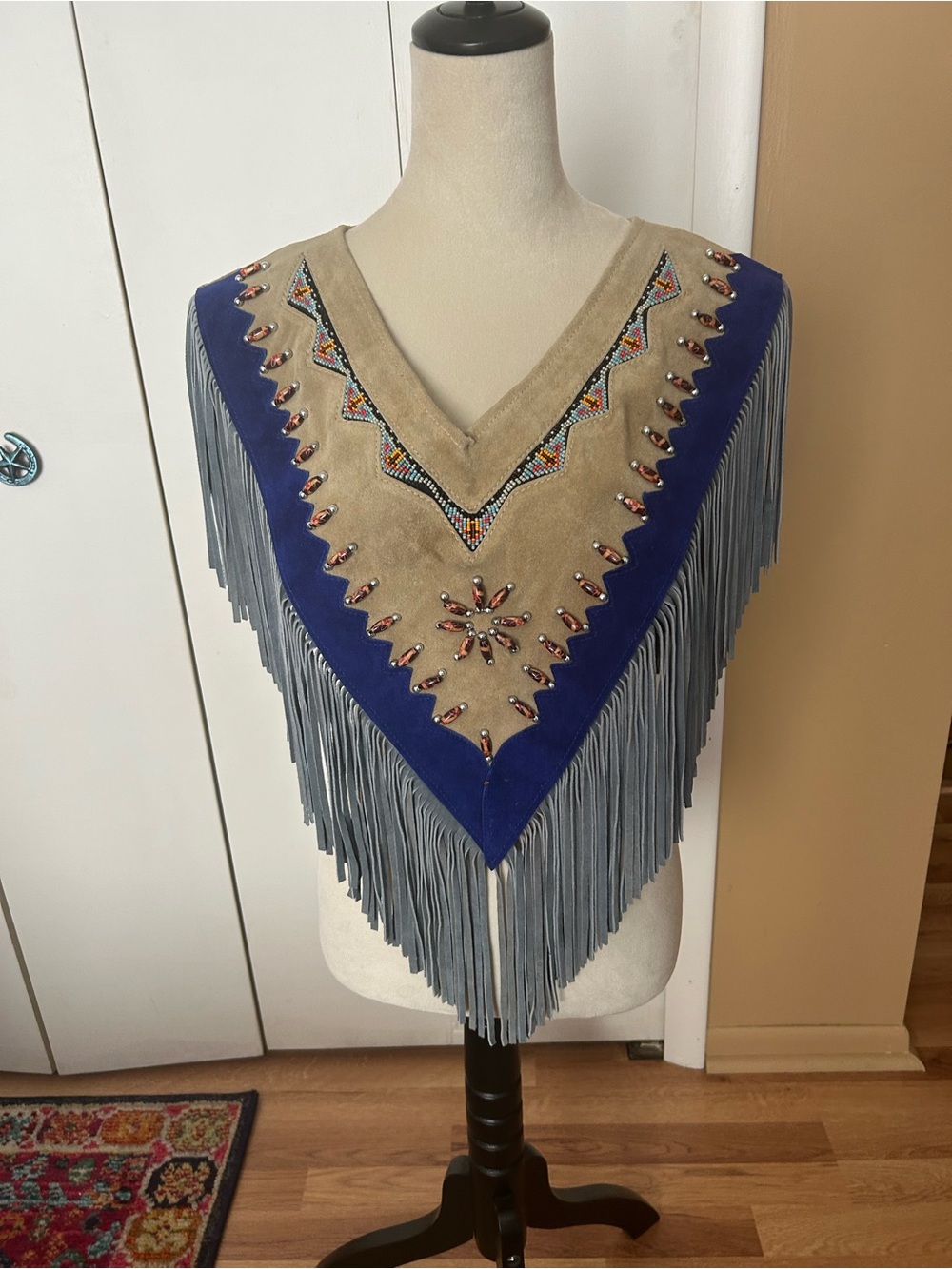 Beaded Fringe Suede Collar in Blue and Tan